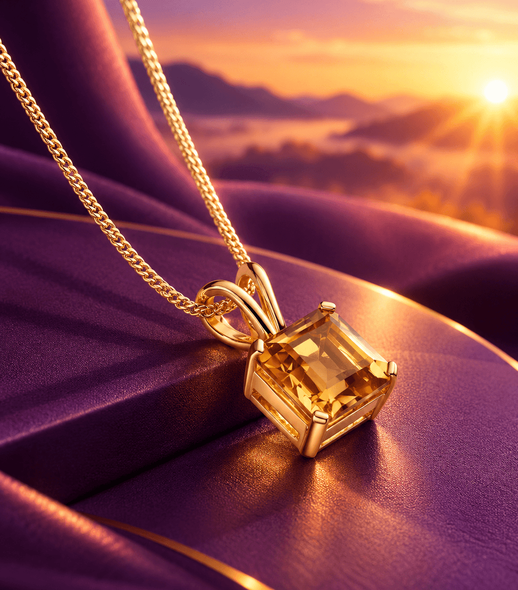Collier pendentif en or jaune 14K avec citrine carrée naturelle par AME Jewellery.