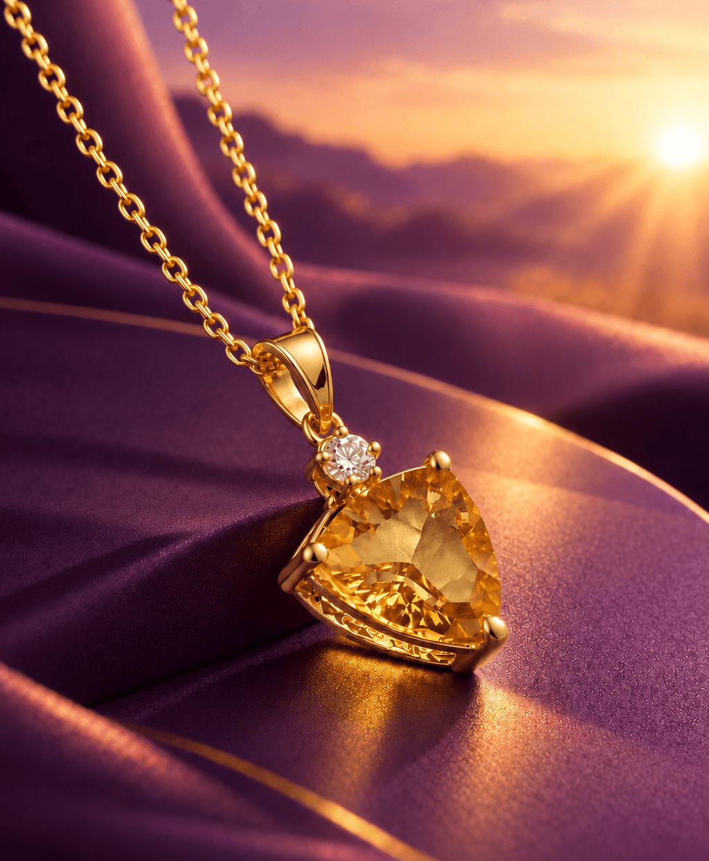 Collier pendentif en or jaune 14K avec citrine triangulaire de 9 mm par AME Jewellery.
