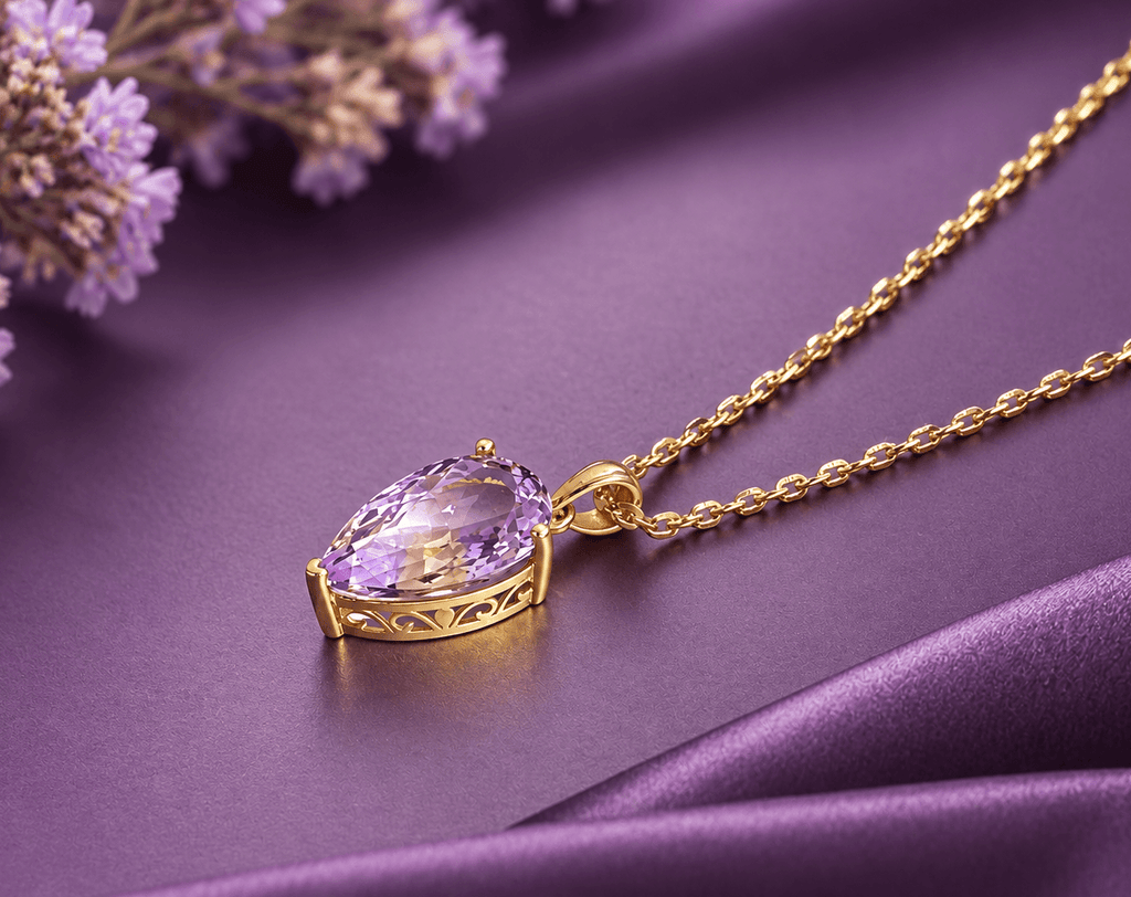 Découvrez la beauté captivante et l’élégance du collier pendentif en amétrine naturelle de 7,72 carats, taillé en forme de poire et minutieusement fabriqué en or jaune 14 carats par AME Jewellery.