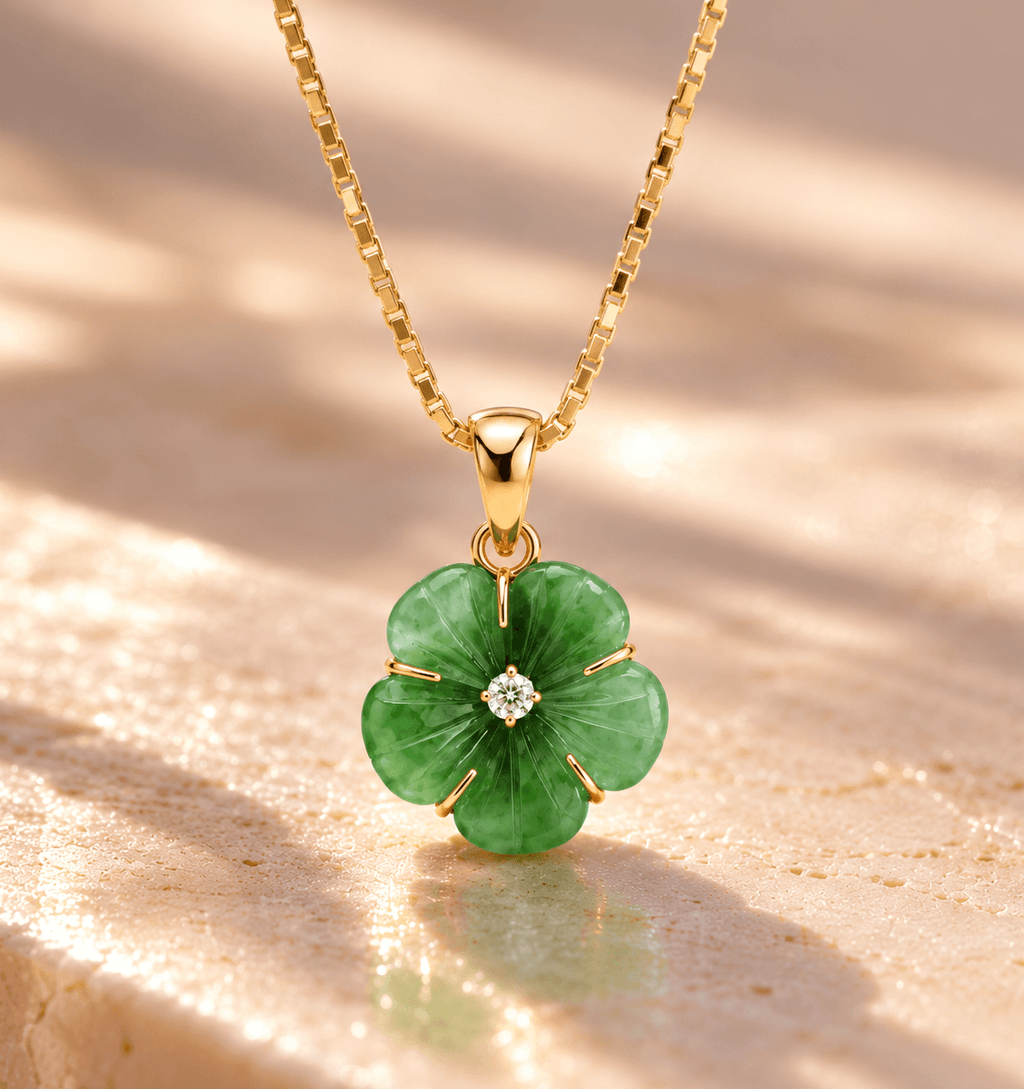 Pendentif fleur d’abricot en jadéite de Birmanie, or jaune 14K - AME Jewellery. 