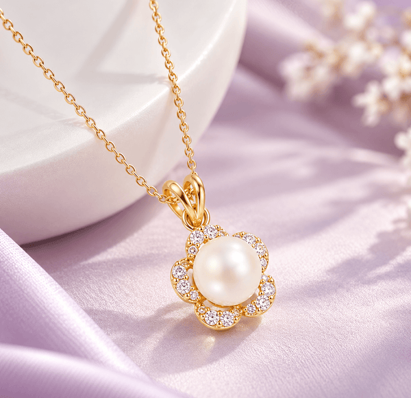 Collier pendentif fleur d'abricot en or jaune 14 carats avec perle d'eau douce blanche par AME Jewellery pour femme