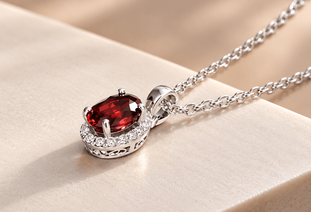 Pendentif halo en grenat rouge naturel ovale en argent de 8 × 6 mm  - AME Jewellery.