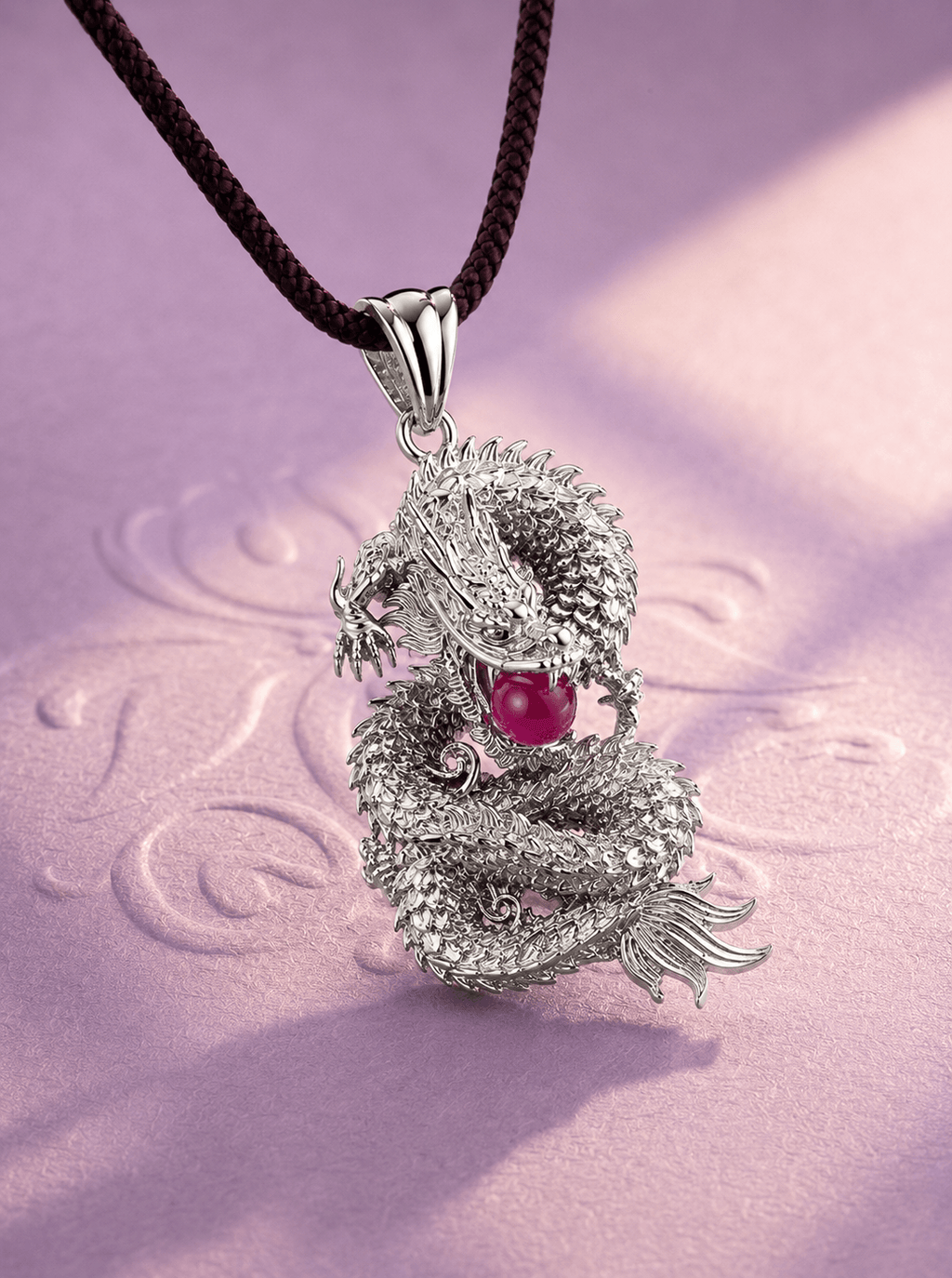 Natural Ruby Dragon Men's Pendant Necklace in Sterling Silver by AME Jewellery.