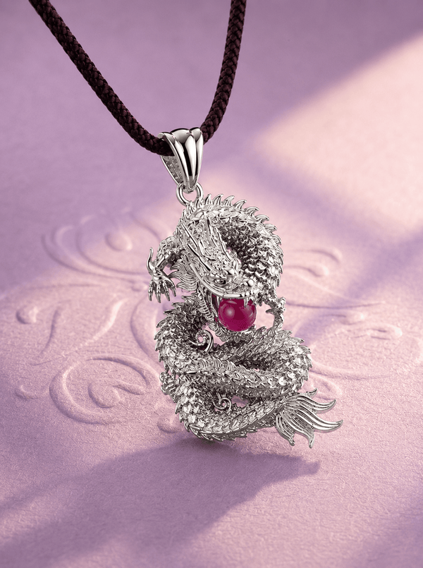 Natural Ruby Dragon Men's Pendant Necklace in Sterling Silver by AME Jewellery.