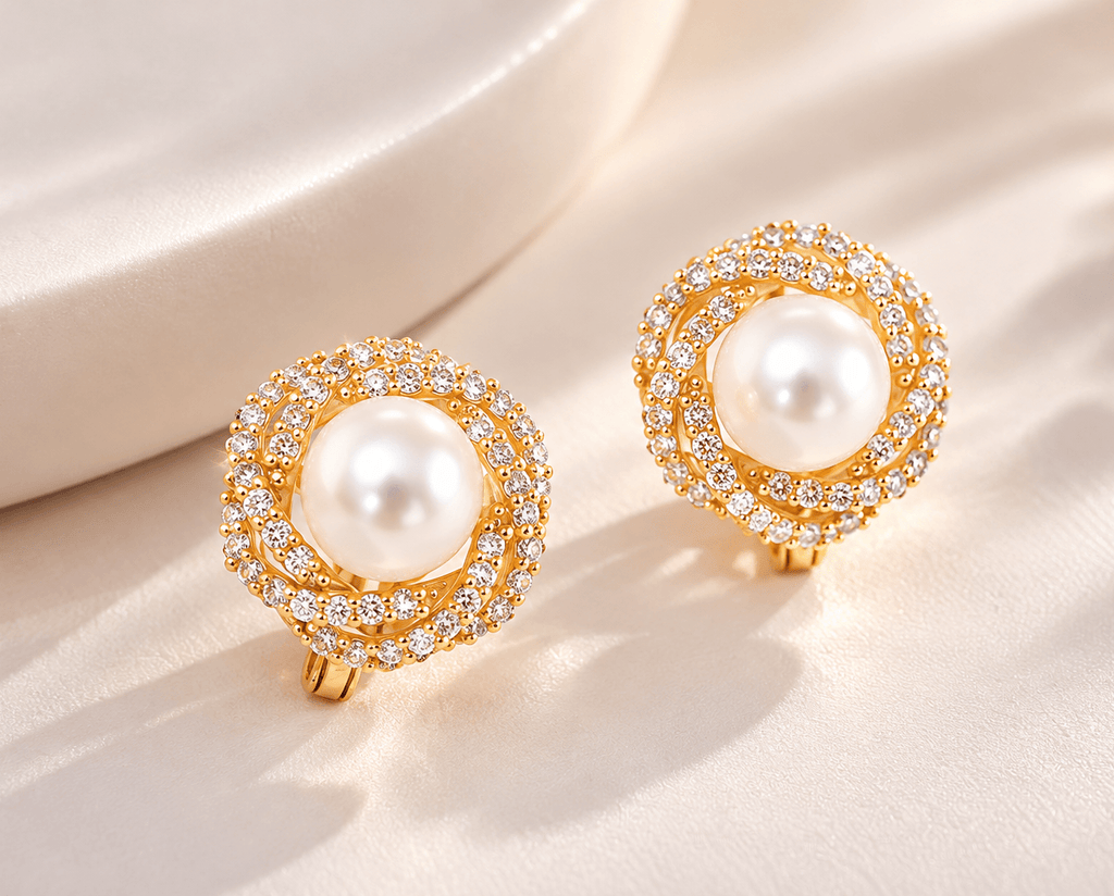 White Freshwater Cultured Pearl Halo Nest Earrings in 14K Yellow Gold by AME Jewellery. 