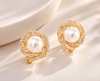 White Freshwater Cultured Pearl Halo Nest Earrings in 14K Yellow Gold by AME Jewellery. 