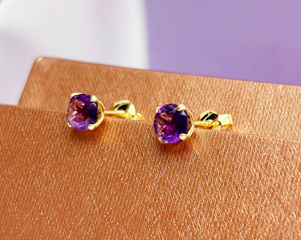 Bông tai Vàng Đá quý tự nhiên Amethyst Earrings in 14K Yellow Gold by AME Jewellery