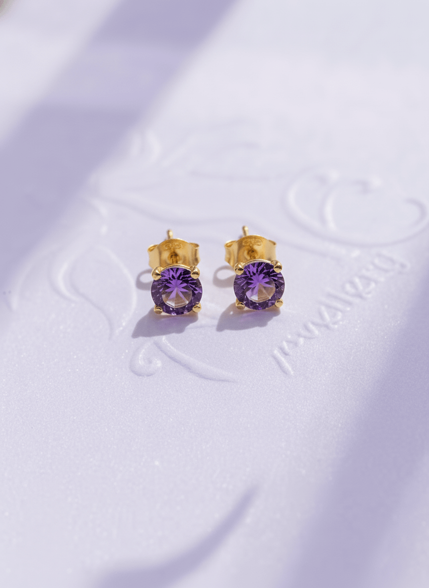 Bông tai Vàng Đá quý tự nhiên Amethyst Earrings in 14K Yellow Gold by AME Jewellery