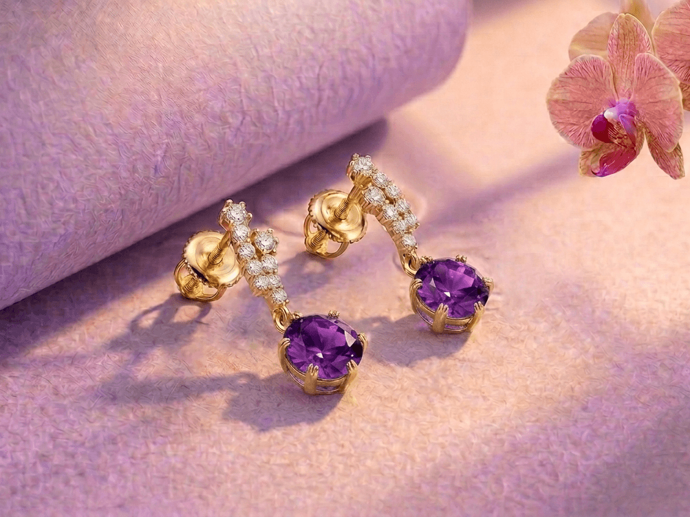 Natural Amethyst Drop Earrings in 14K Yellow Gold by AME Jewellery