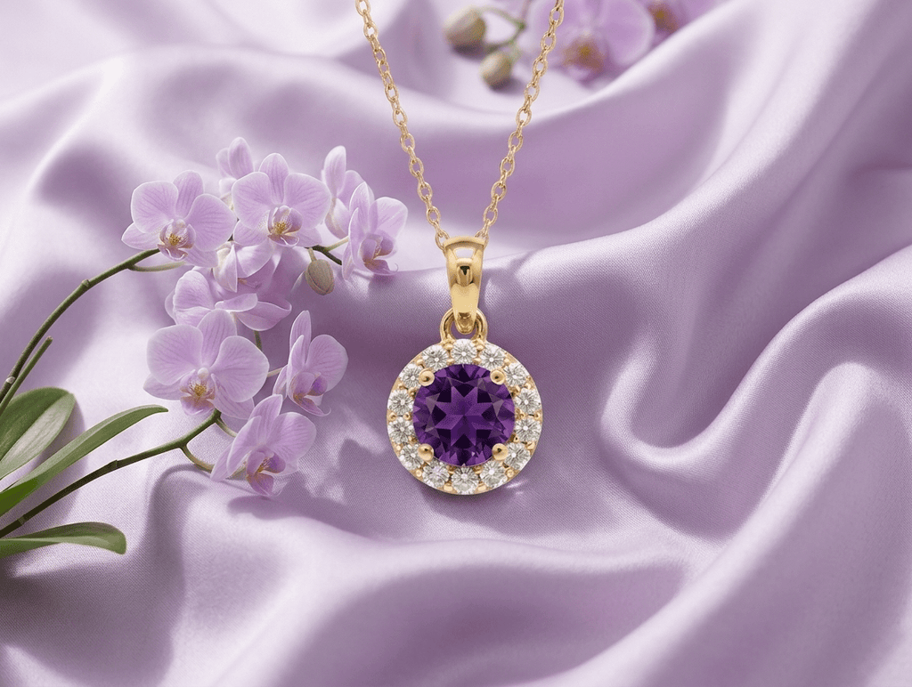 Natural Amethyst Halo Pendant in 14K Yellow Gold - AME Jewellery