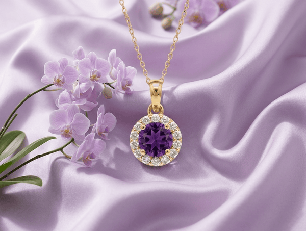 Mặt dây chuyền vàng đá quý tự nhiên Natural Amethyst Halo Pendant Necklace in 14K Yellow Gold by AME Jewellery