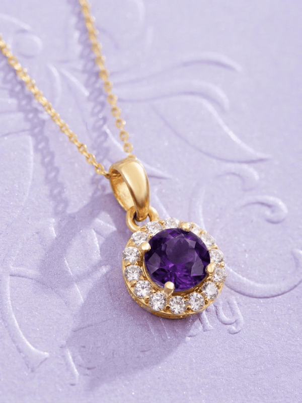 Mặt dây chuyền vàng đá quý tự nhiên Natural Amethyst Halo Pendant Necklace in 14K Yellow Gold by AME Jewellery