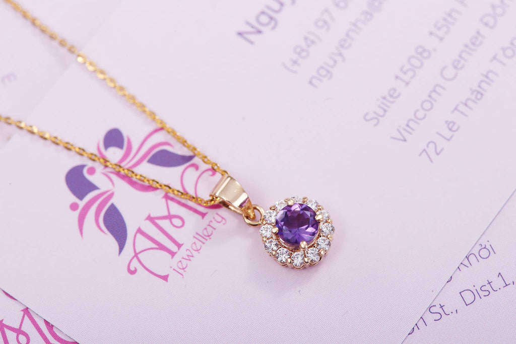 Mặt dây chuyền Vàng Đá quý tự nhiên Amethyst Halo Pendant Necklace in 14K Yellow Gold by AME Jewellery