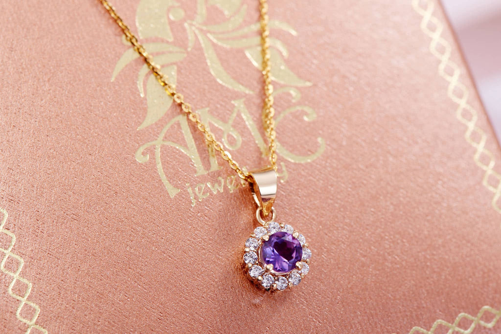 Mặt dây chuyền Vàng Đá quý tự nhiên Amethyst Halo Pendant Necklace in 14K Yellow Gold by AME Jewellery