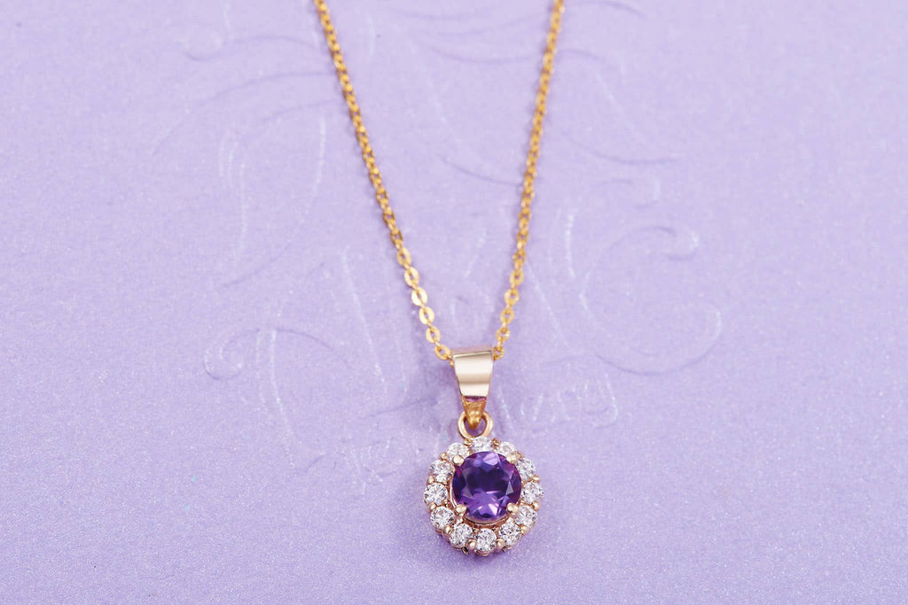 Mặt dây chuyền Vàng Đá quý tự nhiên Amethyst Halo Pendant Necklace in 14K Yellow Gold by AME Jewellery