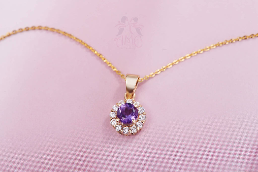 Mặt dây chuyền Vàng Đá quý tự nhiên Amethyst Halo Pendant Necklace in 14K Yellow Gold by AME Jewellery