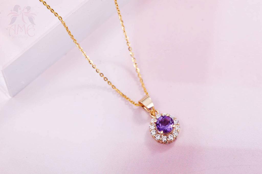 Mặt dây chuyền Vàng Đá quý tự nhiên Amethyst Halo Pendant Necklace in 14K Yellow Gold by AME Jewellery