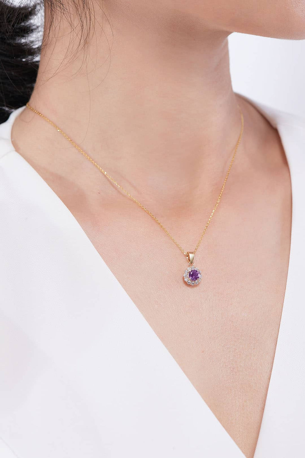 Mặt dây chuyền Vàng Đá quý tự nhiên Amethyst Halo Pendant Necklace in 14K Yellow Gold by AME Jewellery