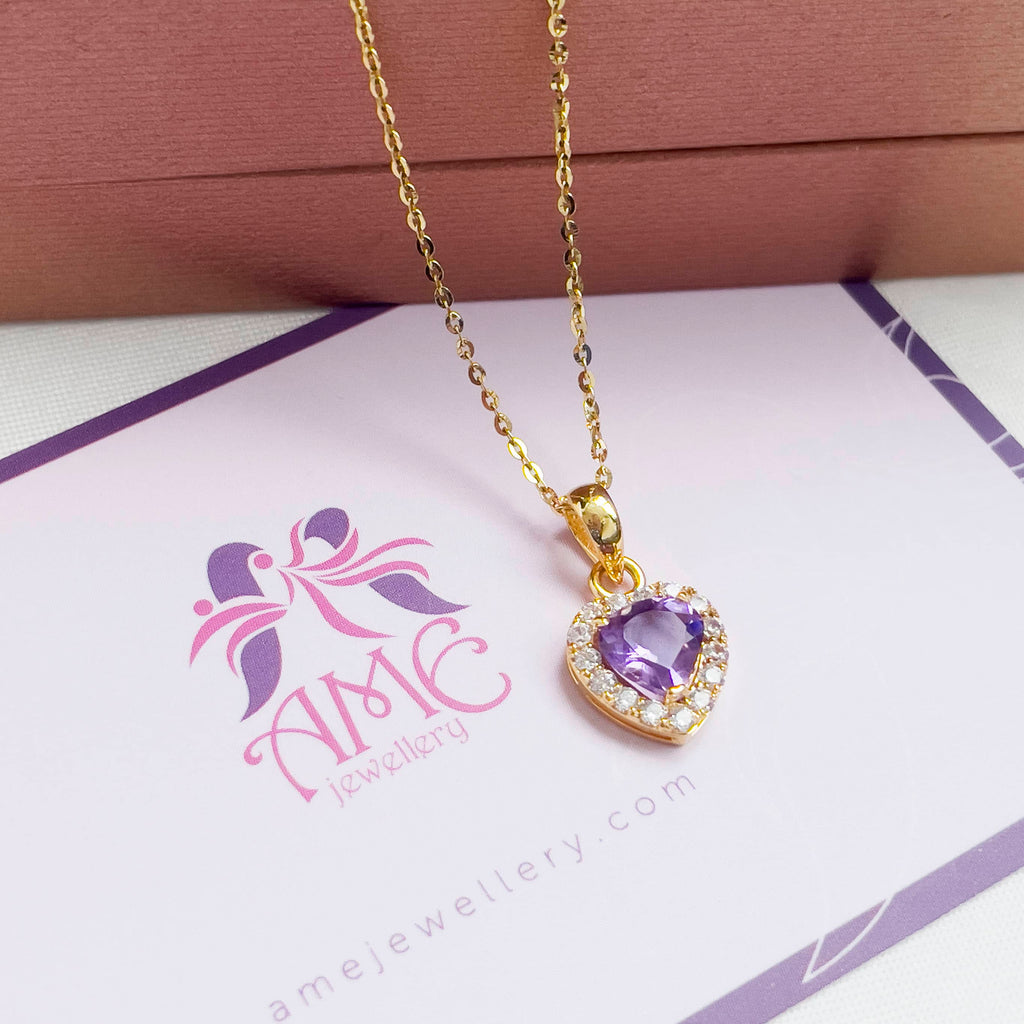 Mặt dây chuyền Vàng Đá quý thiên nhiên Amethyst Halo Heart Pendant in 14K Yellow Gold by AME Jewellery