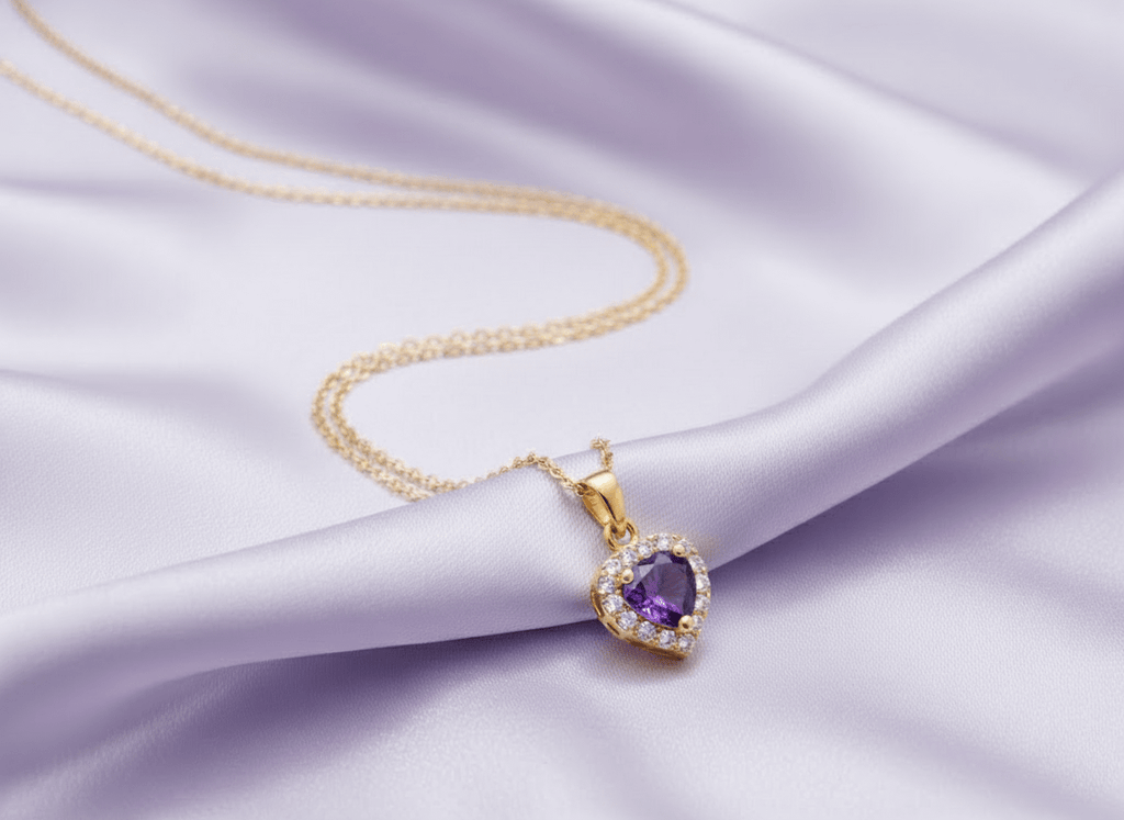 Mặt dây chuyền Vàng Đá quý thiên nhiên Amethyst Halo Heart Pendant in 14K Yellow Gold by AME Jewellery