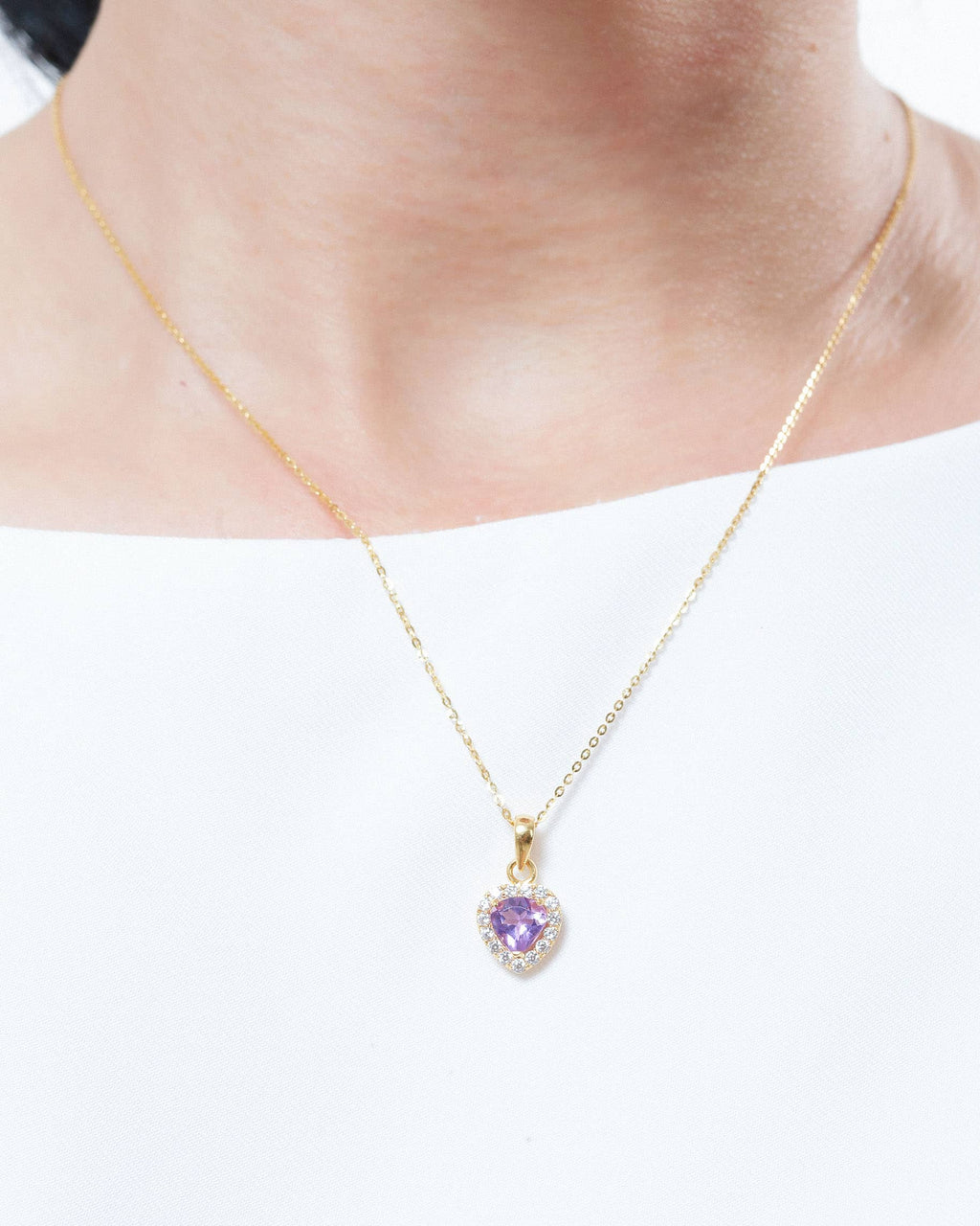 Mặt dây chuyền Vàng Đá quý thiên nhiên Amethyst Halo Heart Pendant in 14K Yellow Gold by AME Jewellery