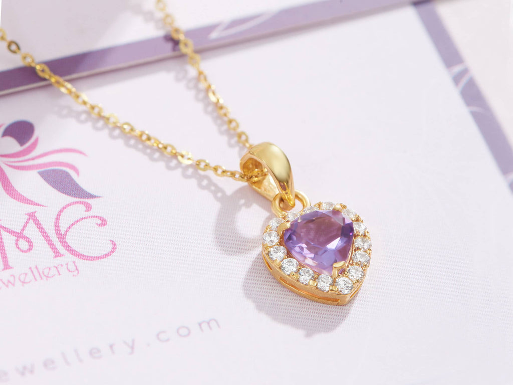 Mặt dây chuyền Vàng Đá quý thiên nhiên Amethyst Halo Heart Pendant in 14K Yellow Gold by AME Jewellery