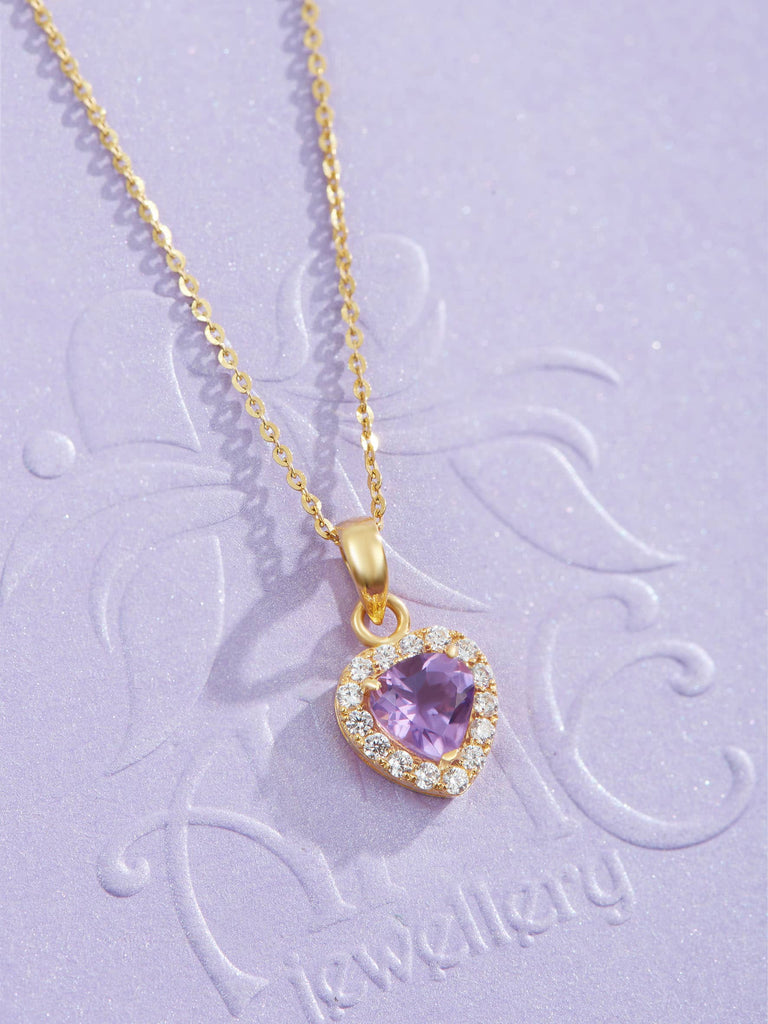 Mặt dây chuyền Vàng Đá quý thiên nhiên Amethyst Halo Heart Pendant in 14K Yellow Gold by AME Jewellery