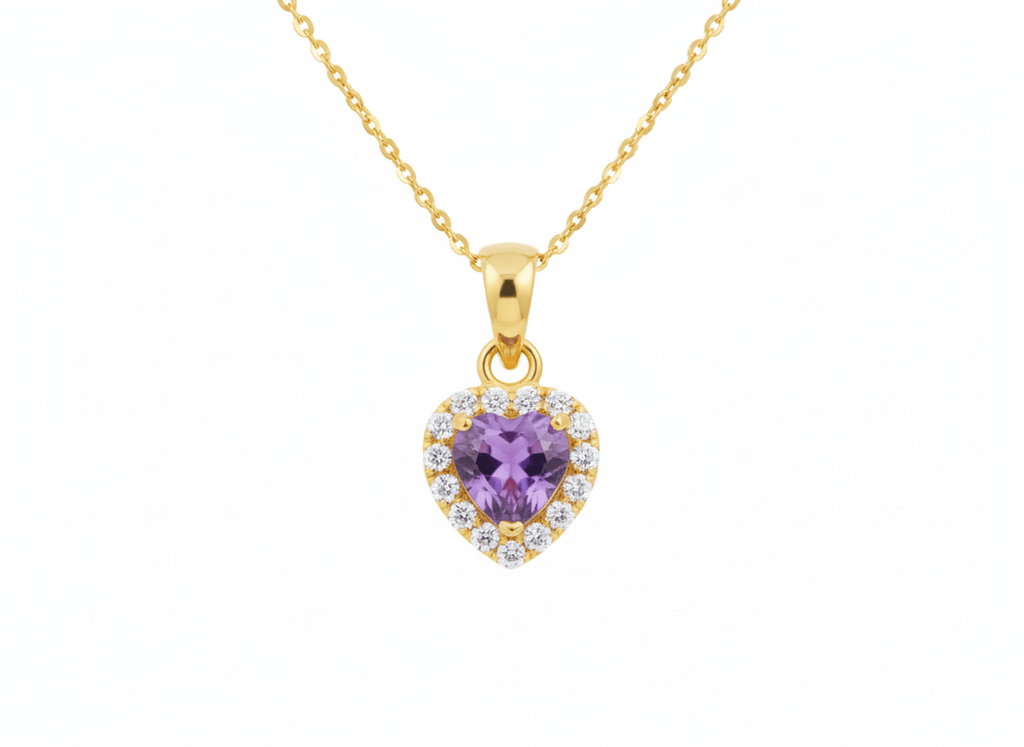 Mặt dây chuyền Vàng Đá quý thiên nhiên Amethyst Halo Heart Pendant in 14K Yellow Gold by AME Jewellery