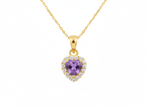 Mặt dây chuyền Vàng Đá quý thiên nhiên Amethyst Halo Heart Pendant in 14K Yellow Gold by AME Jewellery