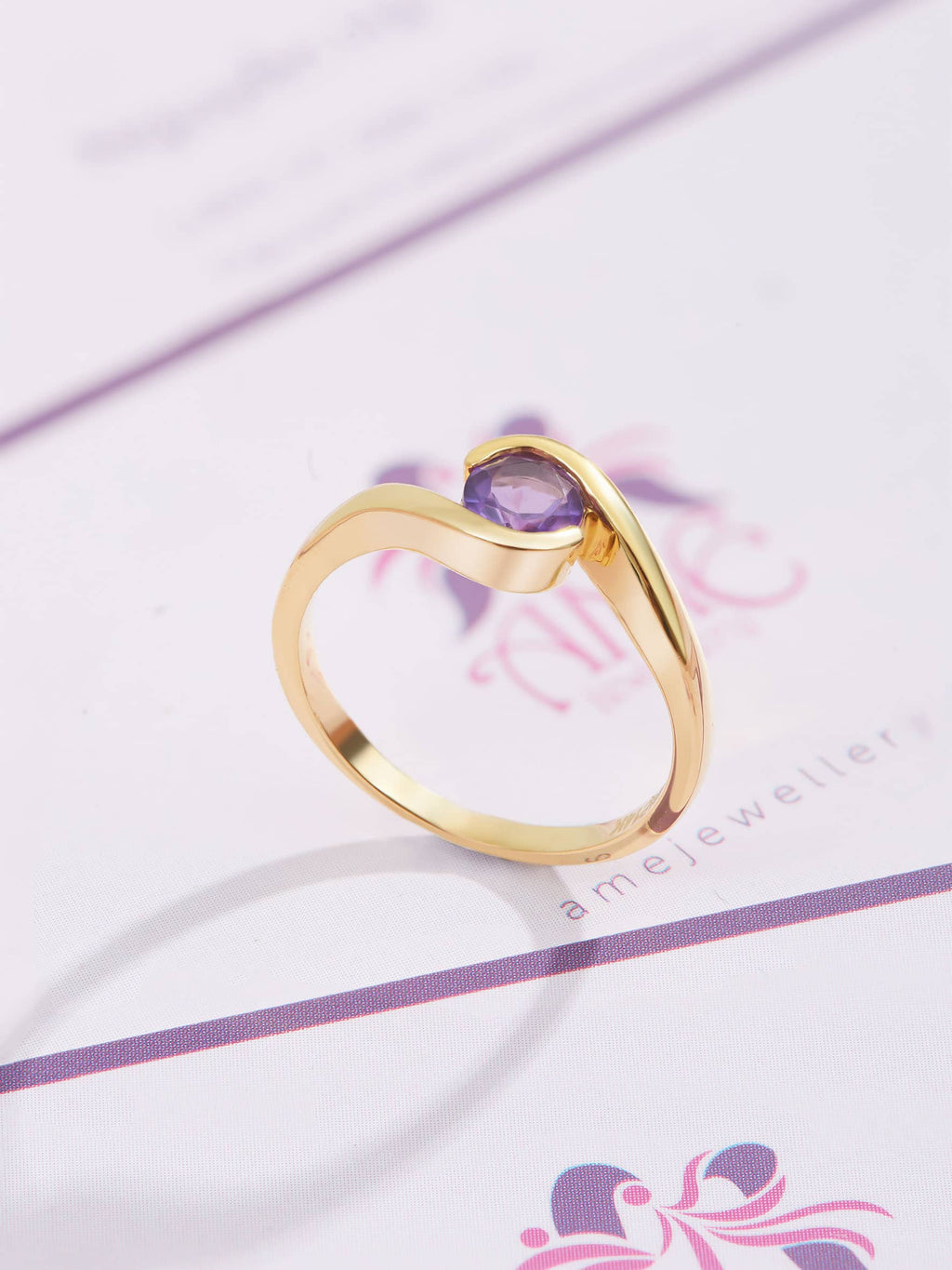 Nhẫn nữ Vàng Đá quý tự nhiên Amethyst Semi Bezel Solitaire Ring in 14K Yellow Gold by AME Jewellery