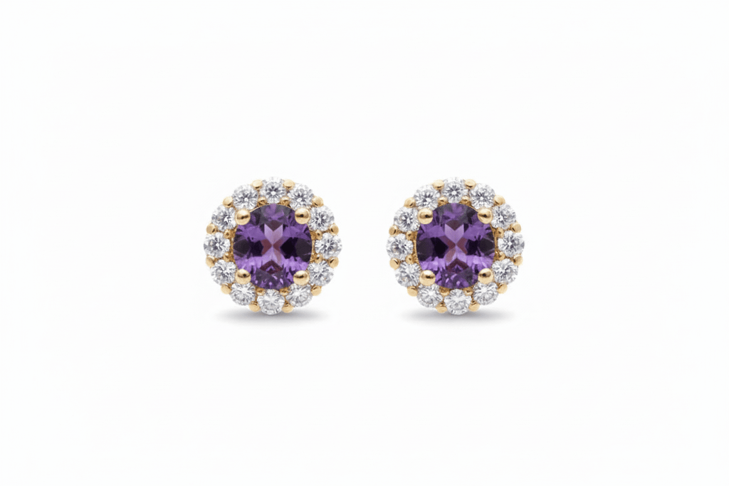 Bông tai Vàng Đá quý tự nhiên Amethyst Halo Earrings in 14K Yellow Gold by AME Jewellery