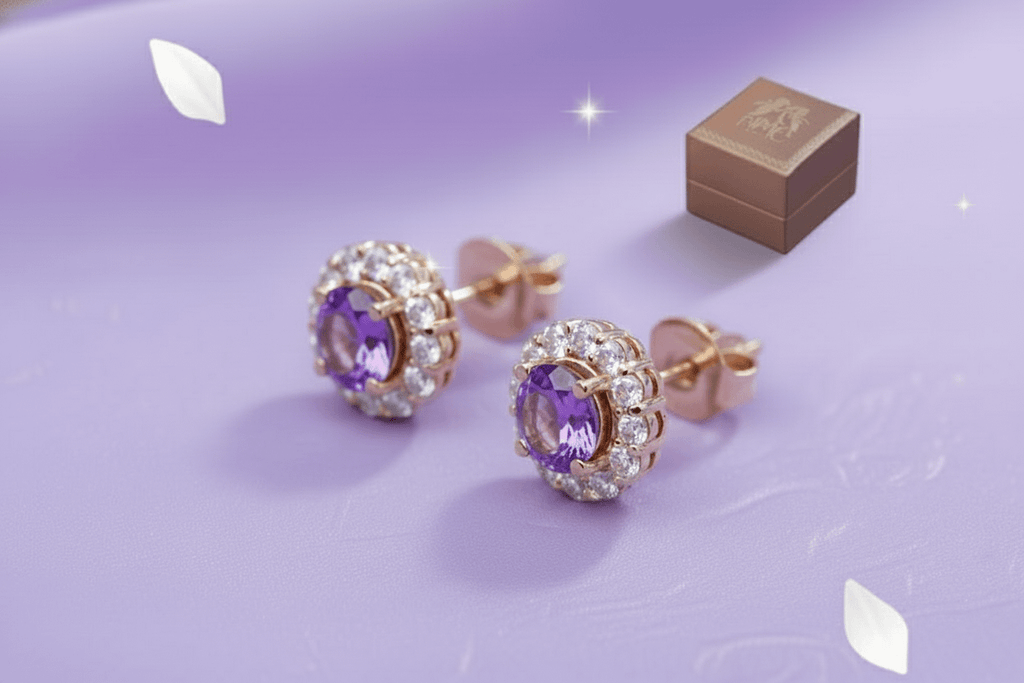 Bông tai Vàng Đá quý tự nhiên Amethyst Halo Earrings in 14K Yellow Gold by AME Jewellery