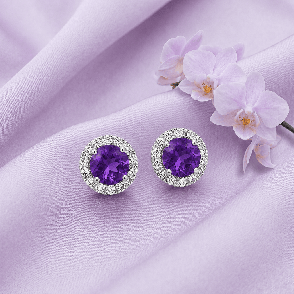 Natural Amethyst Halo Earrings in Sterling Silver - AME Jewellery