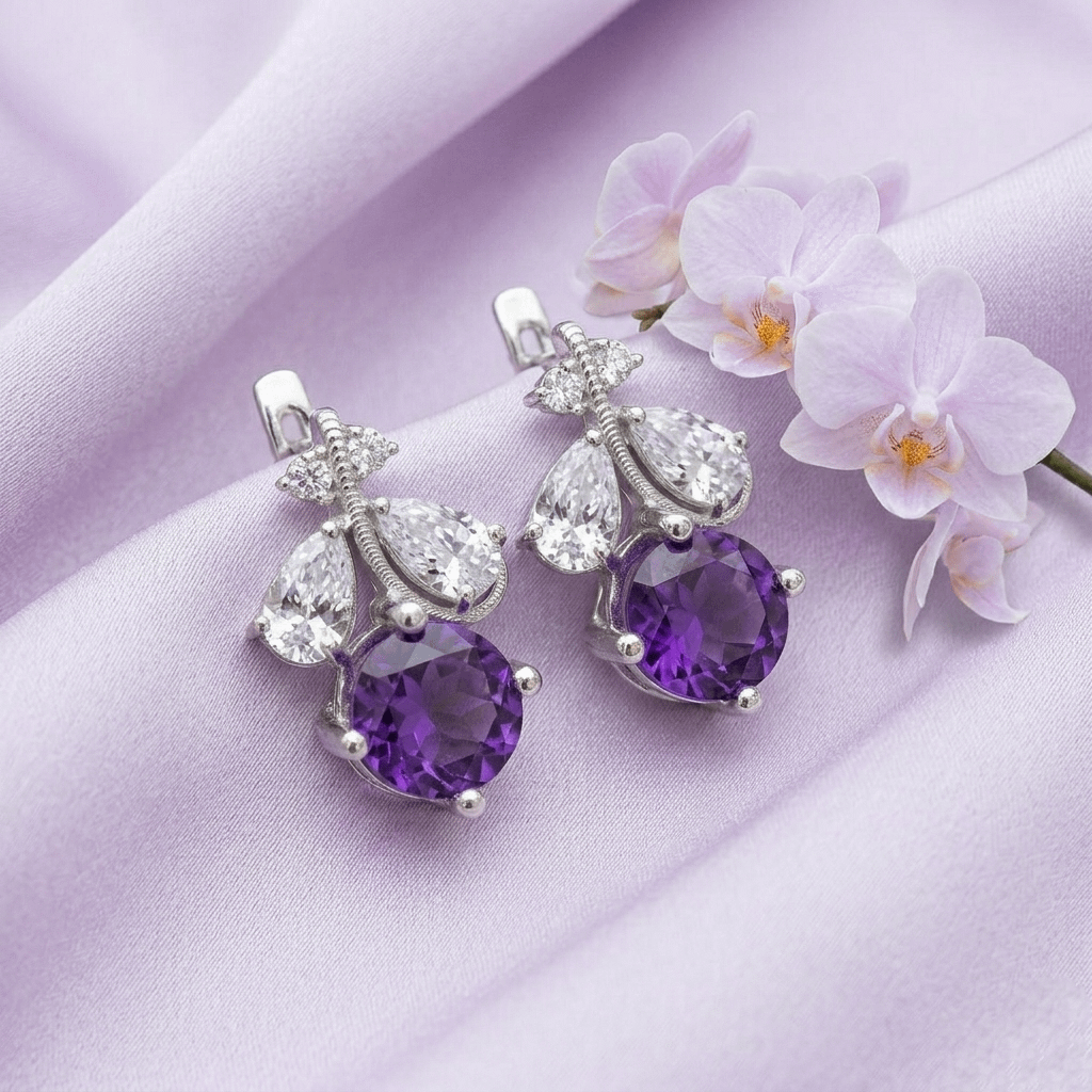 Natural Amethyst Leaf Earrings in Sterling Silver - AME Jewellery