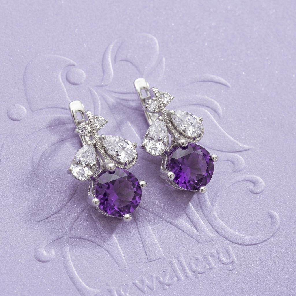 Bông tai chiếc lá Đá quý tự nhiên Amethyst - AME Jewellery