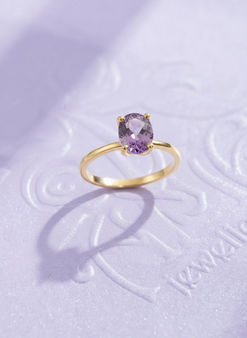 Nhẫn Vàng Đá quý thiên nhiên Amethyst Solitaire Ring in 14K Yellow Gold by AME Jewellery