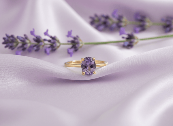 Nhẫn Vàng Đá quý thiên nhiên Amethyst Solitaire Ring in 14K Yellow Gold by AME Jewellery