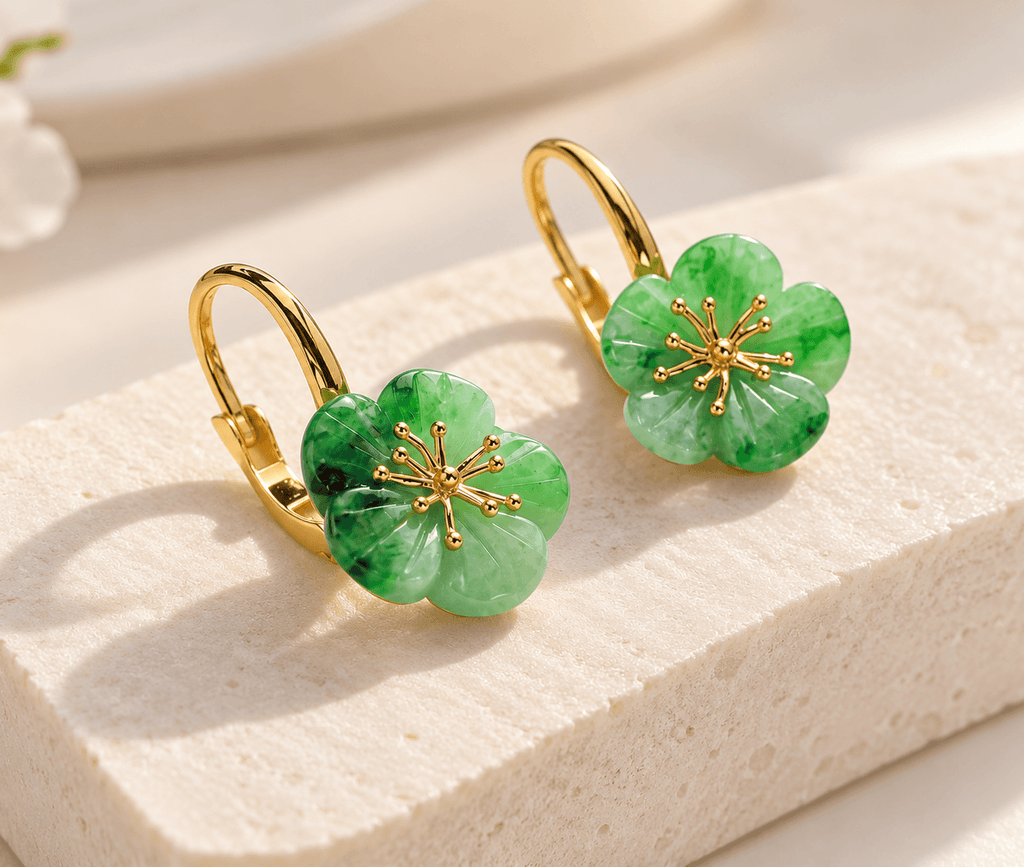 Natural Jadeite Jade carved Apricot Blossom flower Leverback Earrings in 14K Yellow Gold by AME Jewellery