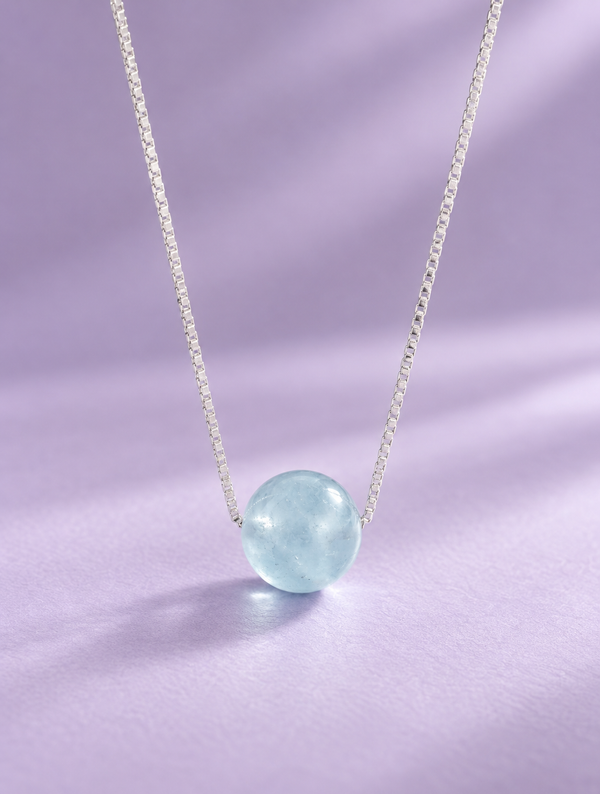 Natural Aquamarine Bead Chain Necklace with an adjustable-size Box Chain Necklace in Sterling Silver by AME Jewellery.
