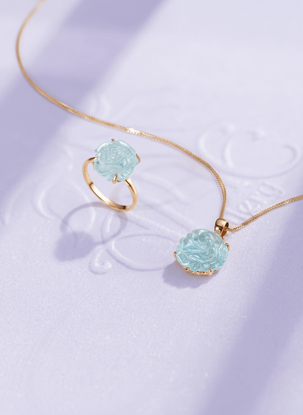 Trang sức Vàng 14K Đá quý tự nhiên Aquamarine Carved Rose Flower Jewelry Set in 14-karat Yellow Gold by AME Jewellery