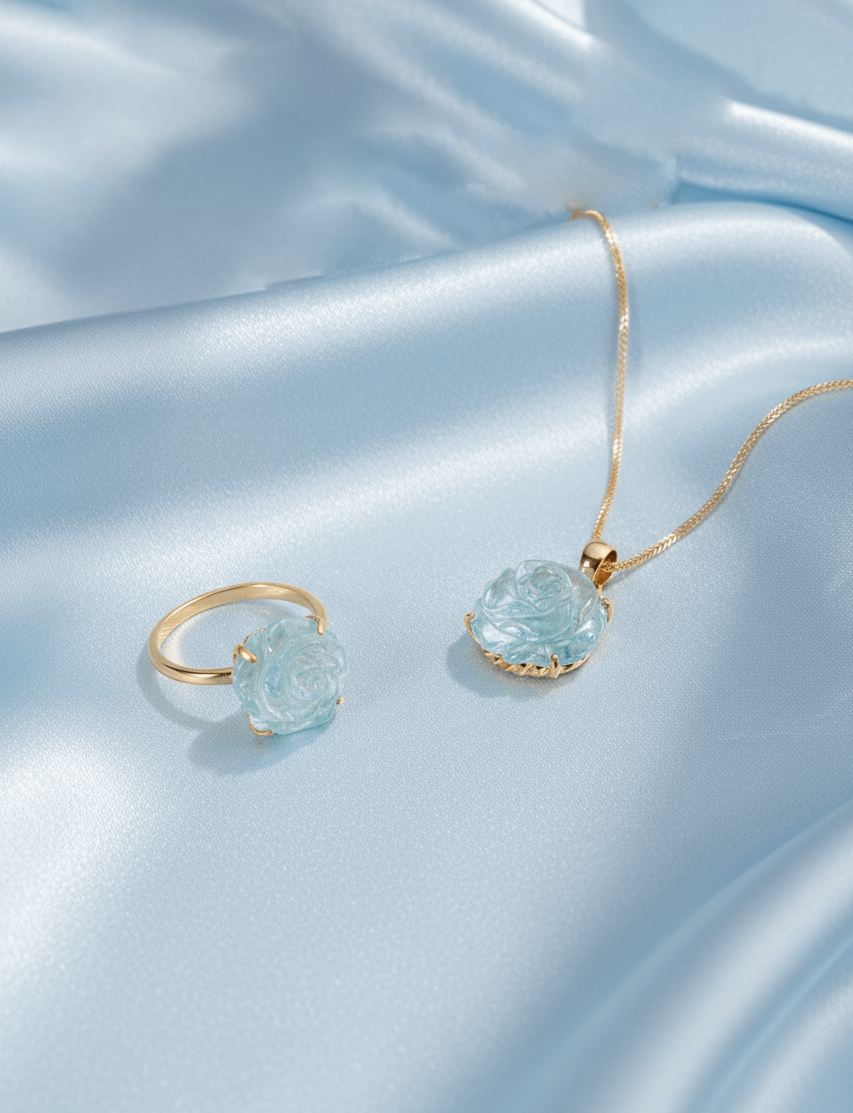 Trang sức Vàng 14K Đá quý tự nhiên Aquamarine Carved Rose Flower Jewelry Set in 14-karat Yellow Gold by AME Jewellery