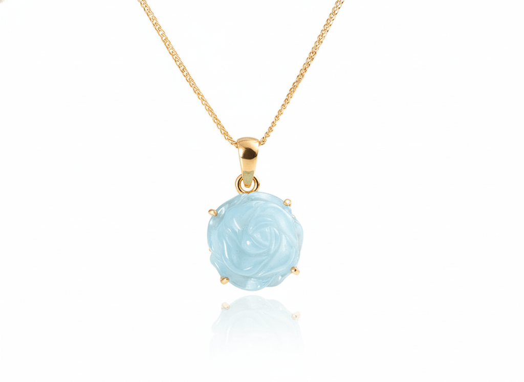 Mặt dây chuyền Vàng Hoa Hồng Đá quý tự nhiên Aquamarine Carved Rose Flower Pendant in 14-karat Yellow Gold by AME Jewellery