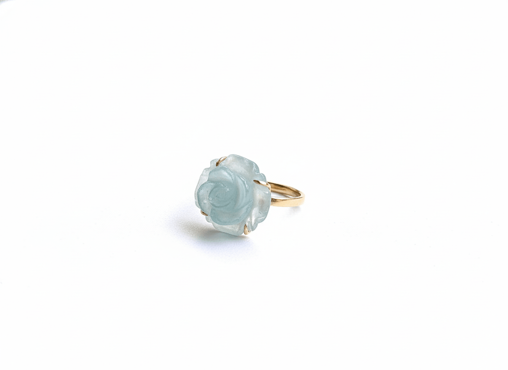 Nhẫn Vàng 14K Hoa Hồng Đá quý tự nhiên Aquamarine Carved Rose Flower Ring in 14-karat Yellow Gold by AME Jewellery