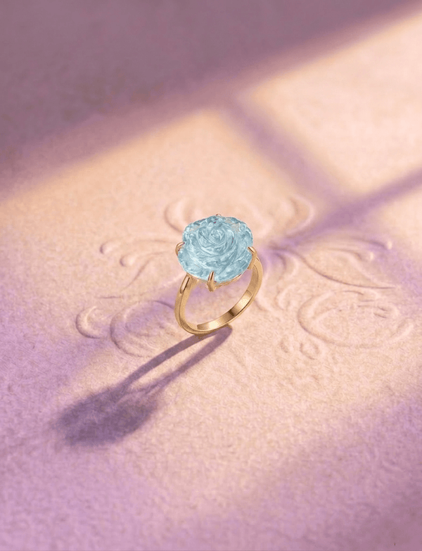 Natural Blue Aquamarine Carved Rose Flower Ring in 14-karat Yellow Gold by AME Jewellery