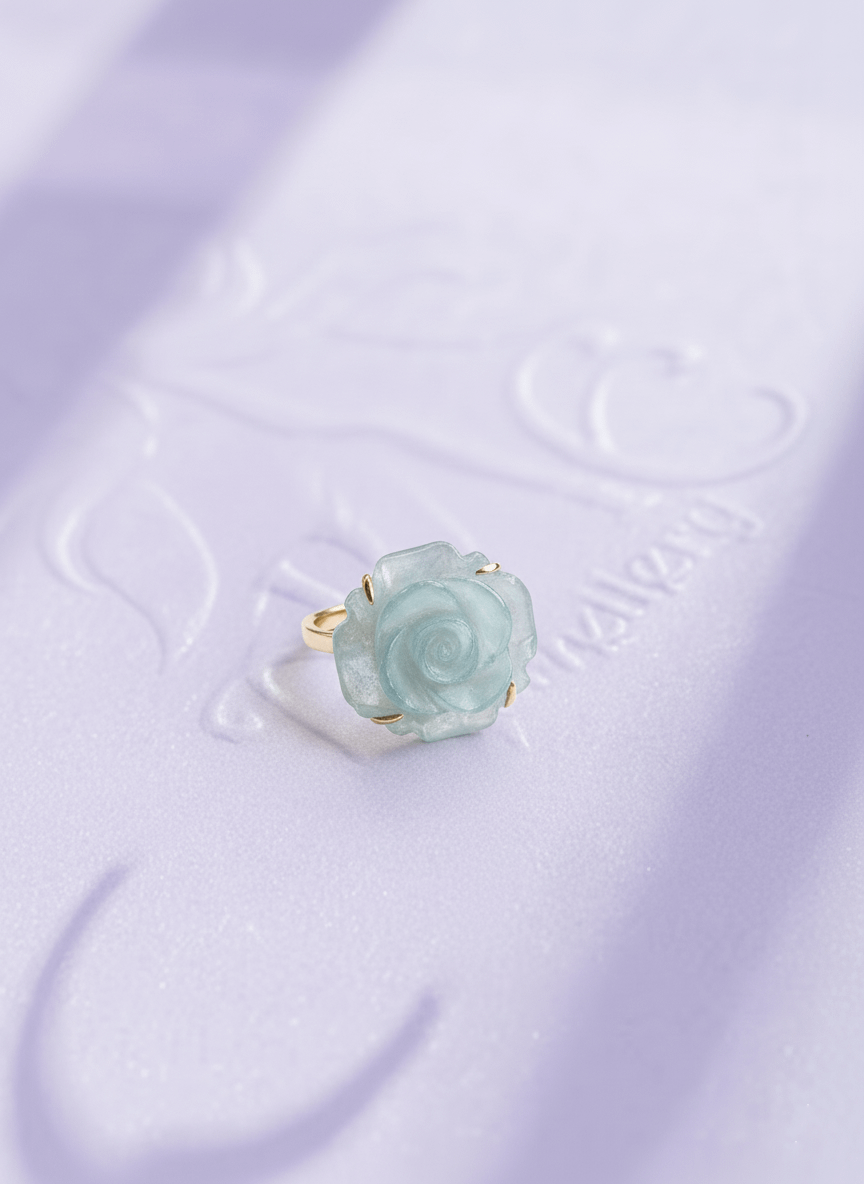 Nhẫn Vàng 14K Hoa Hồng Đá quý tự nhiên Aquamarine Carved Rose Flower Ring in 14-karat Yellow Gold by AME Jewellery