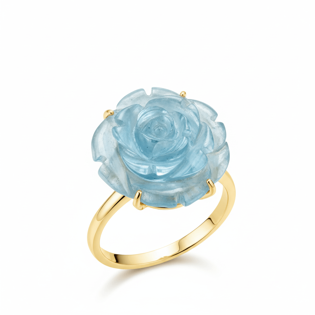 Nhẫn Vàng 14K Hoa Hồng Đá quý tự nhiên Aquamarine Carved Rose Flower Ring in 14-karat Yellow Gold by AME Jewellery
