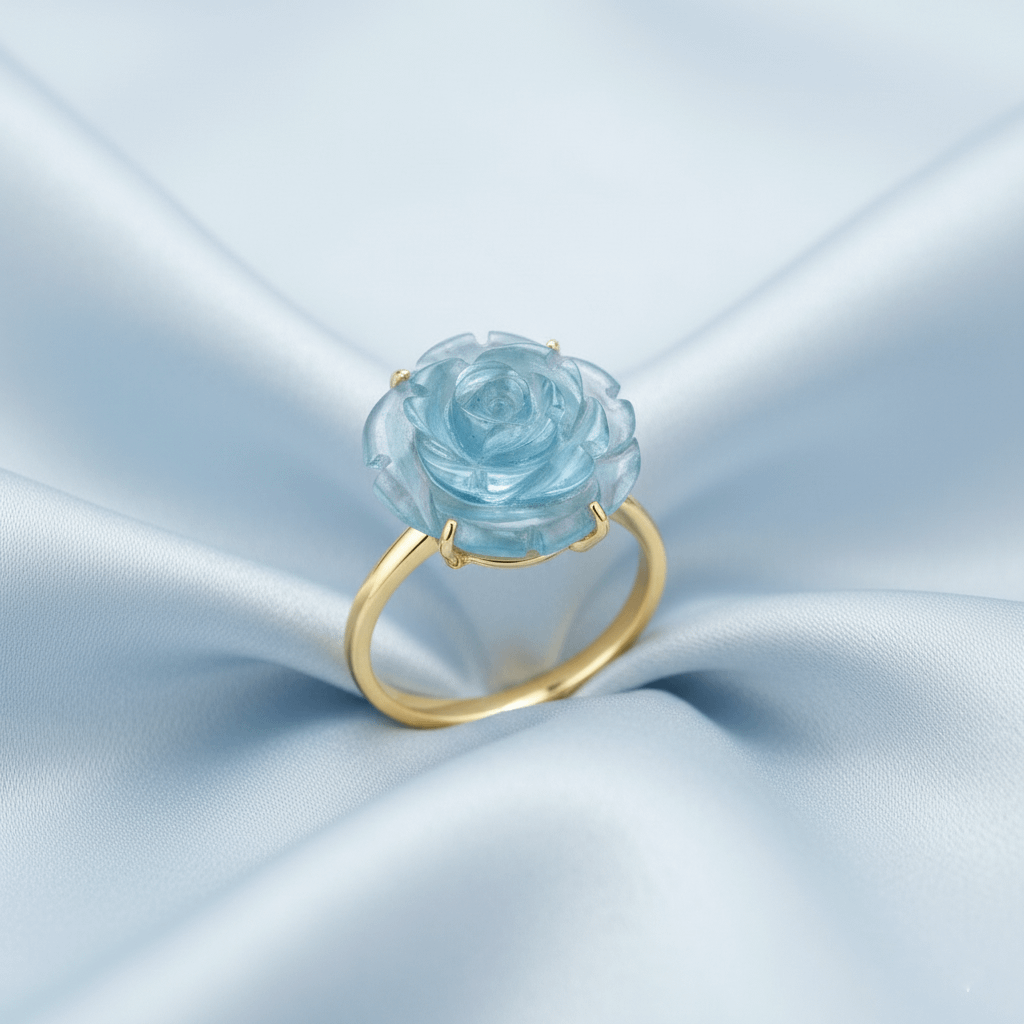 Nhẫn Vàng 14K Hoa Hồng Đá quý tự nhiên Aquamarine Carved Rose Flower Ring in 14-karat Yellow Gold by AME Jewellery