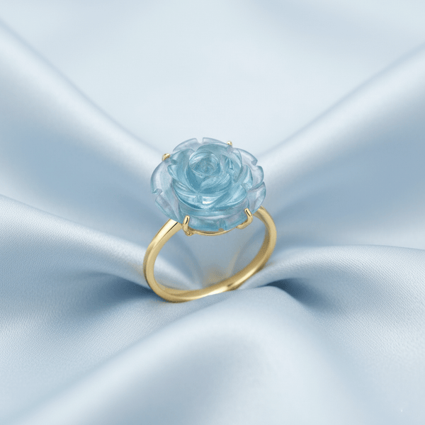 Nhẫn Vàng 14K Hoa Hồng Đá quý tự nhiên Aquamarine Carved Rose Flower Ring in 14-karat Yellow Gold by AME Jewellery