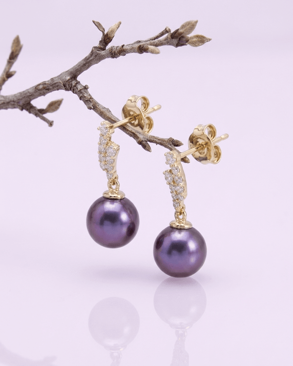 Bông tai Vàng Ngọc trai nuôi nước ngọt Aubergine Freshwater Cultured Pearl Gold Earrings by AME Jewellery