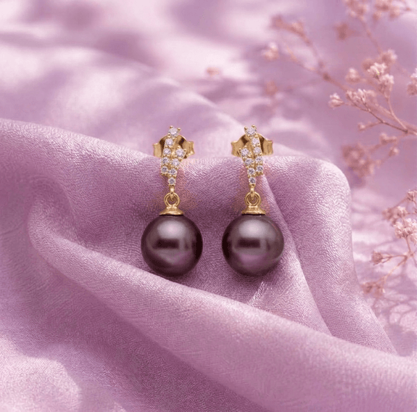 Aubergine Freshwater Cultured Pearl Drop Earrings in 14K Yellow Gold - AME Jewellery